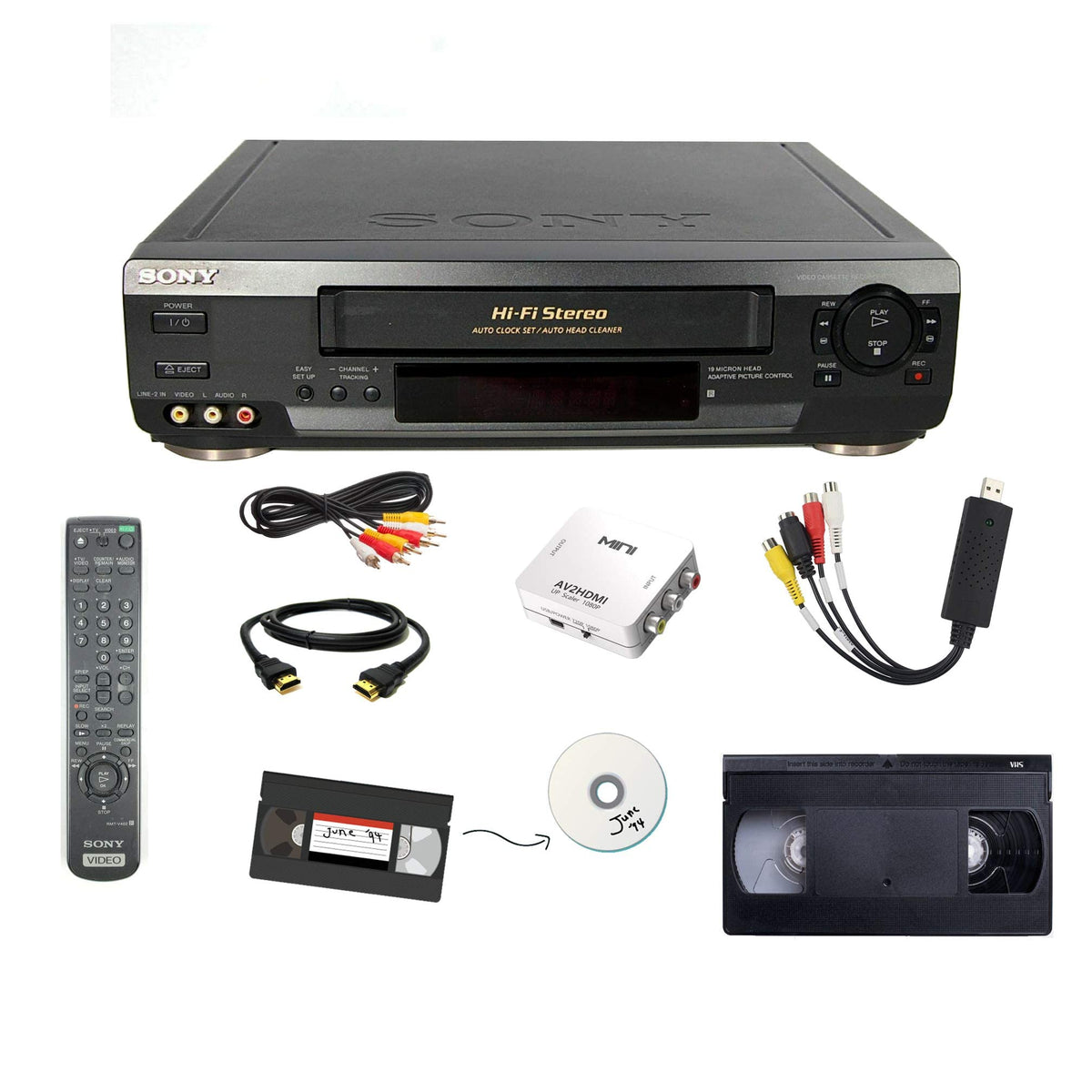 VCR VHS Transfer Bundle with Remote, USB Adapter, HDMI Converter N29210