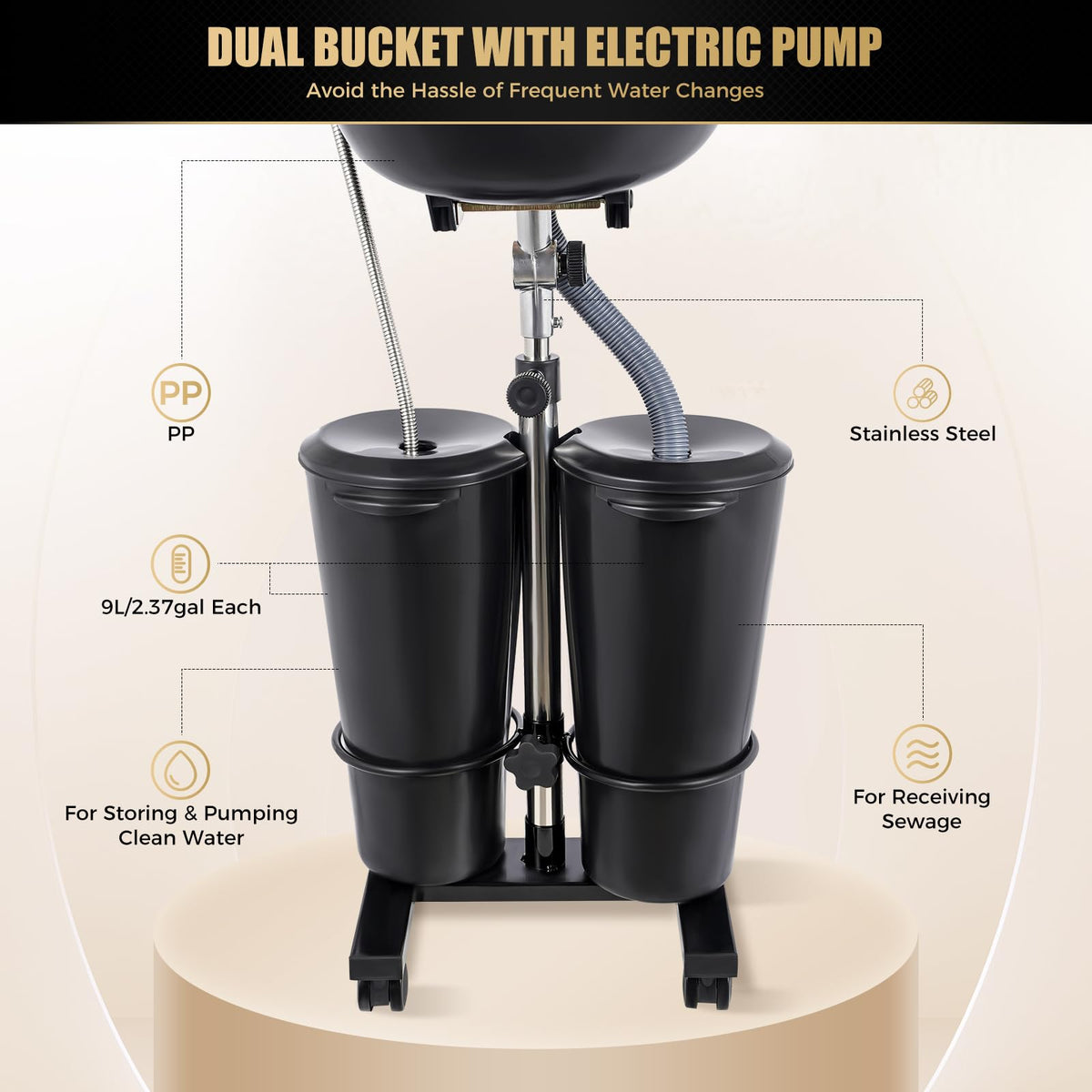 Portable Shampoo Basin with 2 Buckets, Height Adjustable T6742