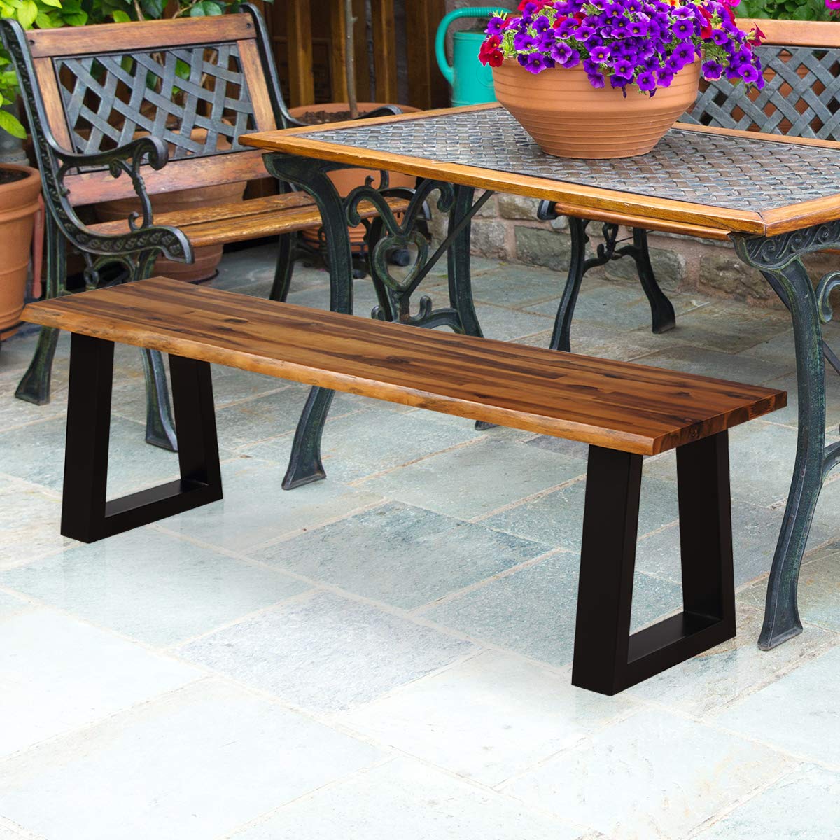 57.5" Live Edge Acacia Wood Outdoor Dining Bench with Metal Legs X961166