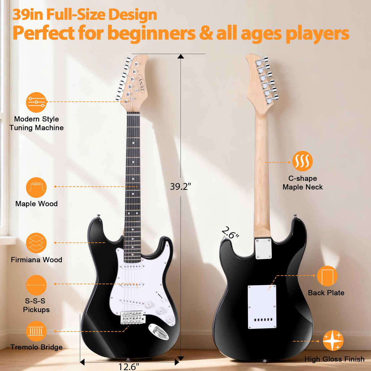 39in Full Size Electric Guitar with 10W Amp, Case and Accessories Pack, Black T236