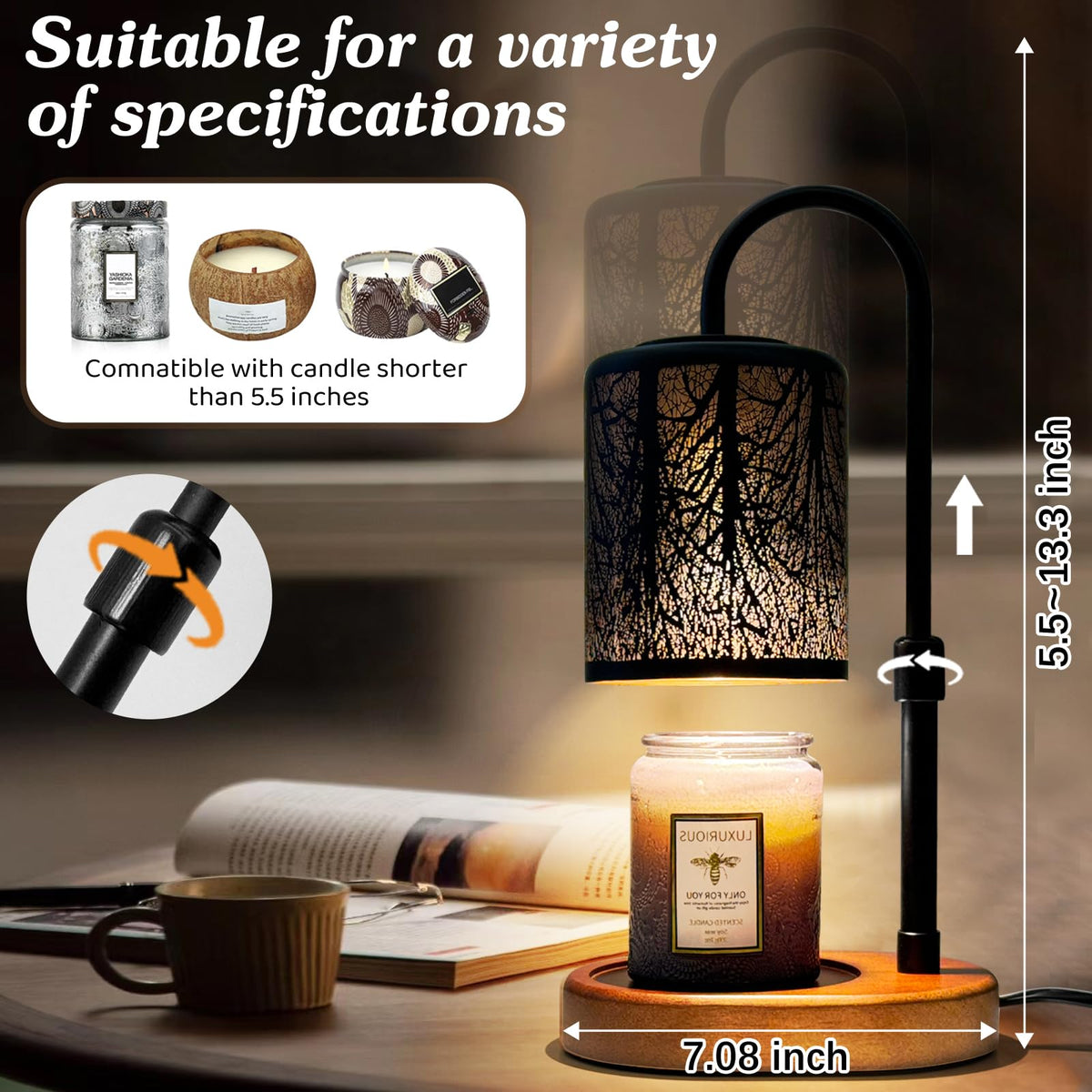 Black Adjustable Height Electric Candle Warmer with Timer and Dimmer J13660