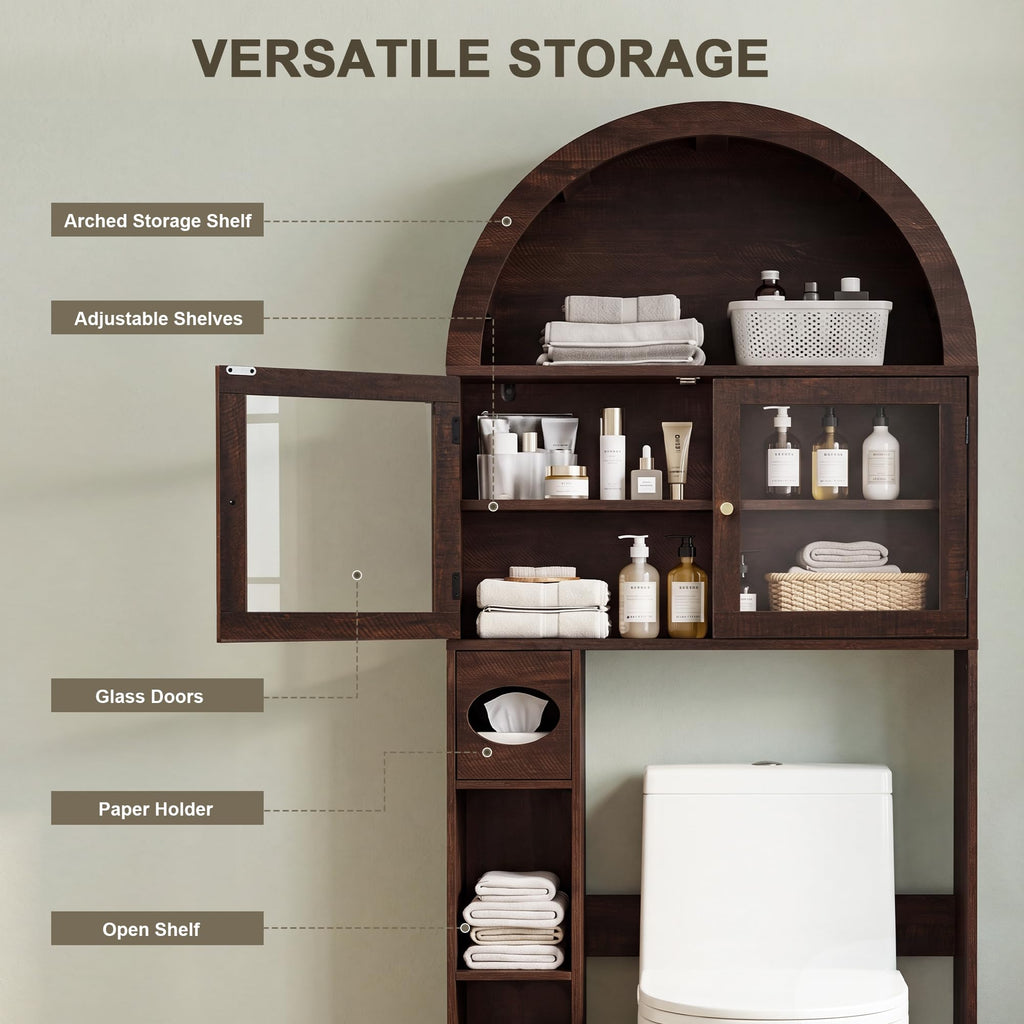 Over the Toilet Storage Cabinet with Arched Top, 68" Tall, Dark Walnut B7852