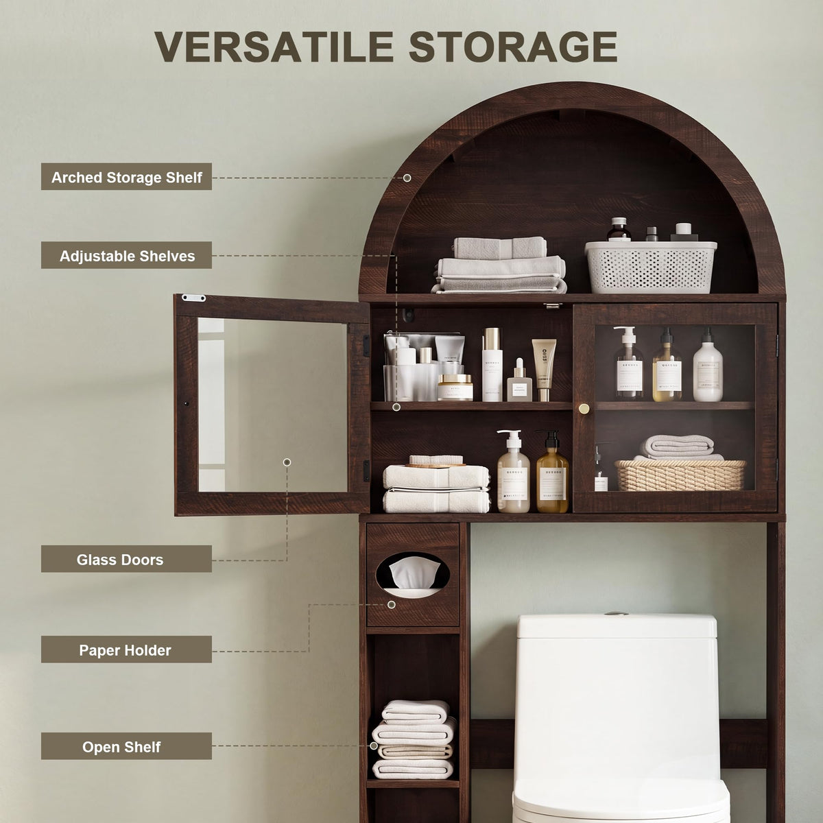 Over the Toilet Storage Cabinet with Arched Top, 68" Tall, Dark Walnut B7852
