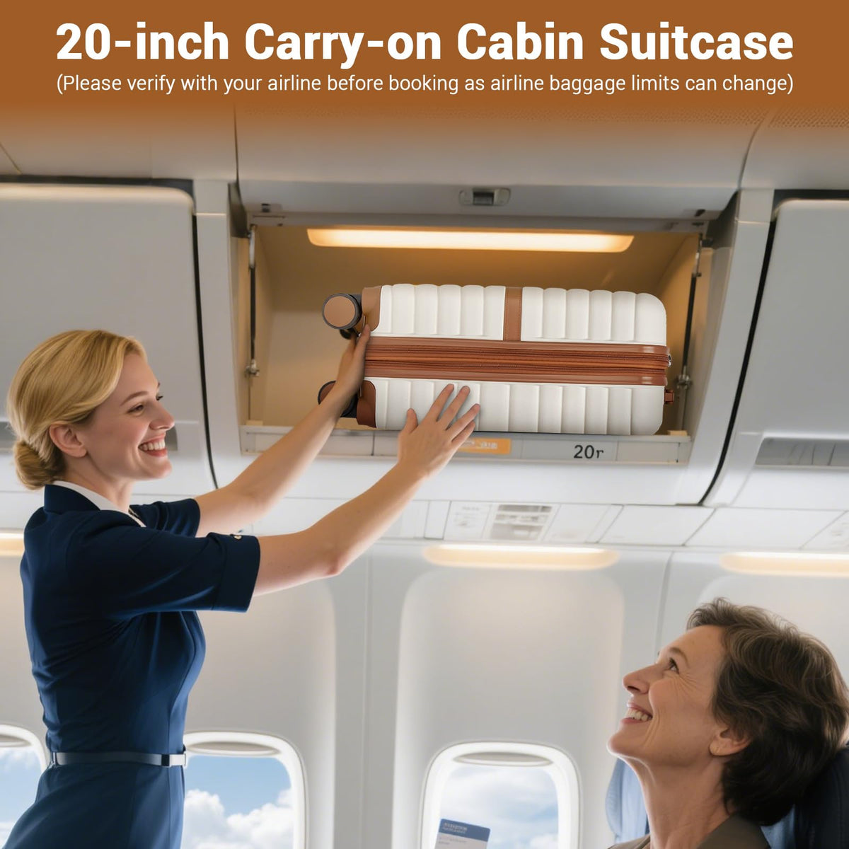 Expandable Carry On Luggage with Spinner Wheels, 20 Inch Hardshell Suitcase with Lock, White/Brown R830811
