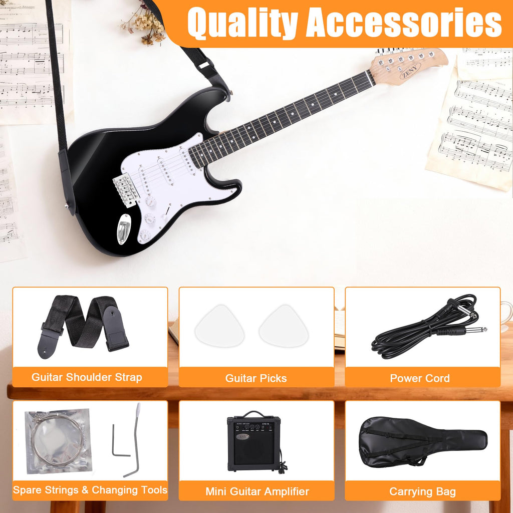 39in Full Size Electric Guitar with 10W Amp, Case and Accessories Pack, Black T236