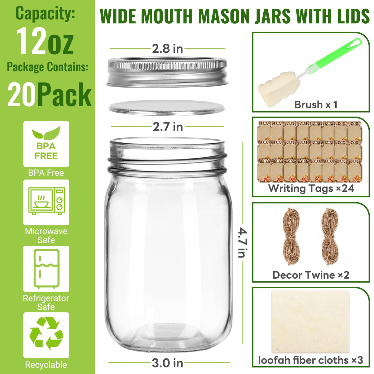 12 oz Mason Jars with Lids 20 Pack V186