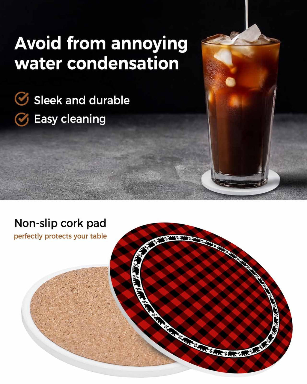 Red Black Buffalo Plaid Set of 6 Absorbent Stone Ceramic Coasters with Holder I10531