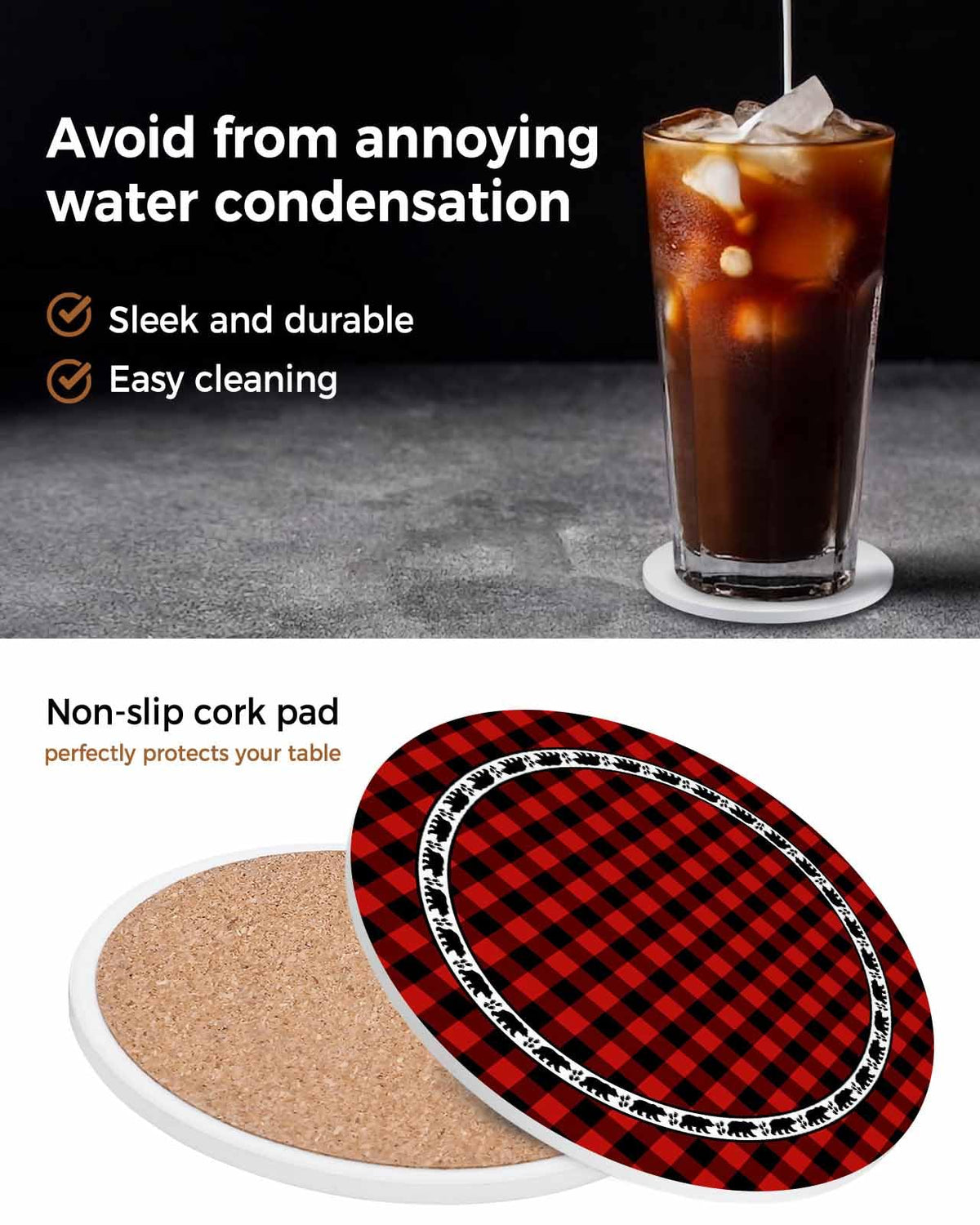 Red Black Buffalo Plaid Set of 6 Absorbent Stone Ceramic Coasters with Holder I10531