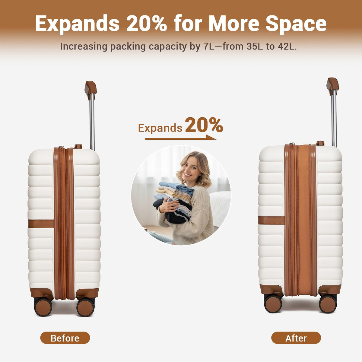 Expandable Carry On Luggage with Spinner Wheels, 20 Inch Hardshell Suitcase with Lock, White/Brown R830811