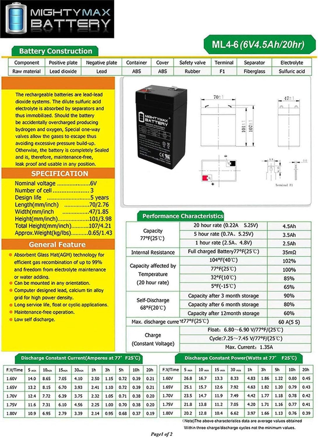 6V 4.5AH Battery 2 Pack H15626