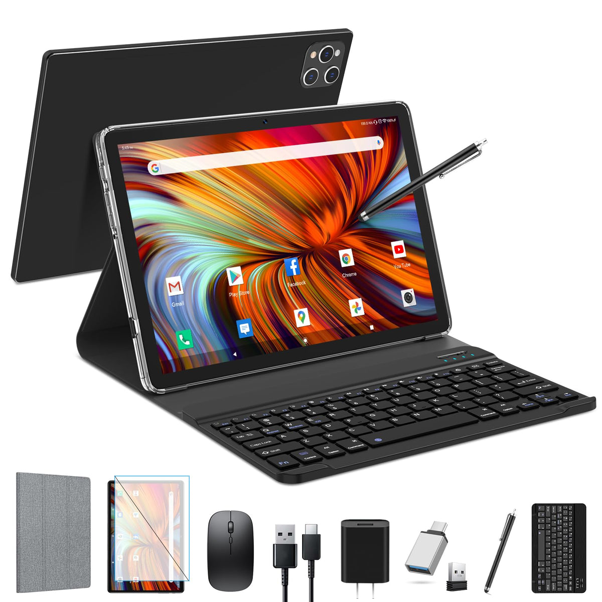 10 inch Android Tablet with Keyboard, 128GB ROM 16GB RAM, Black O999