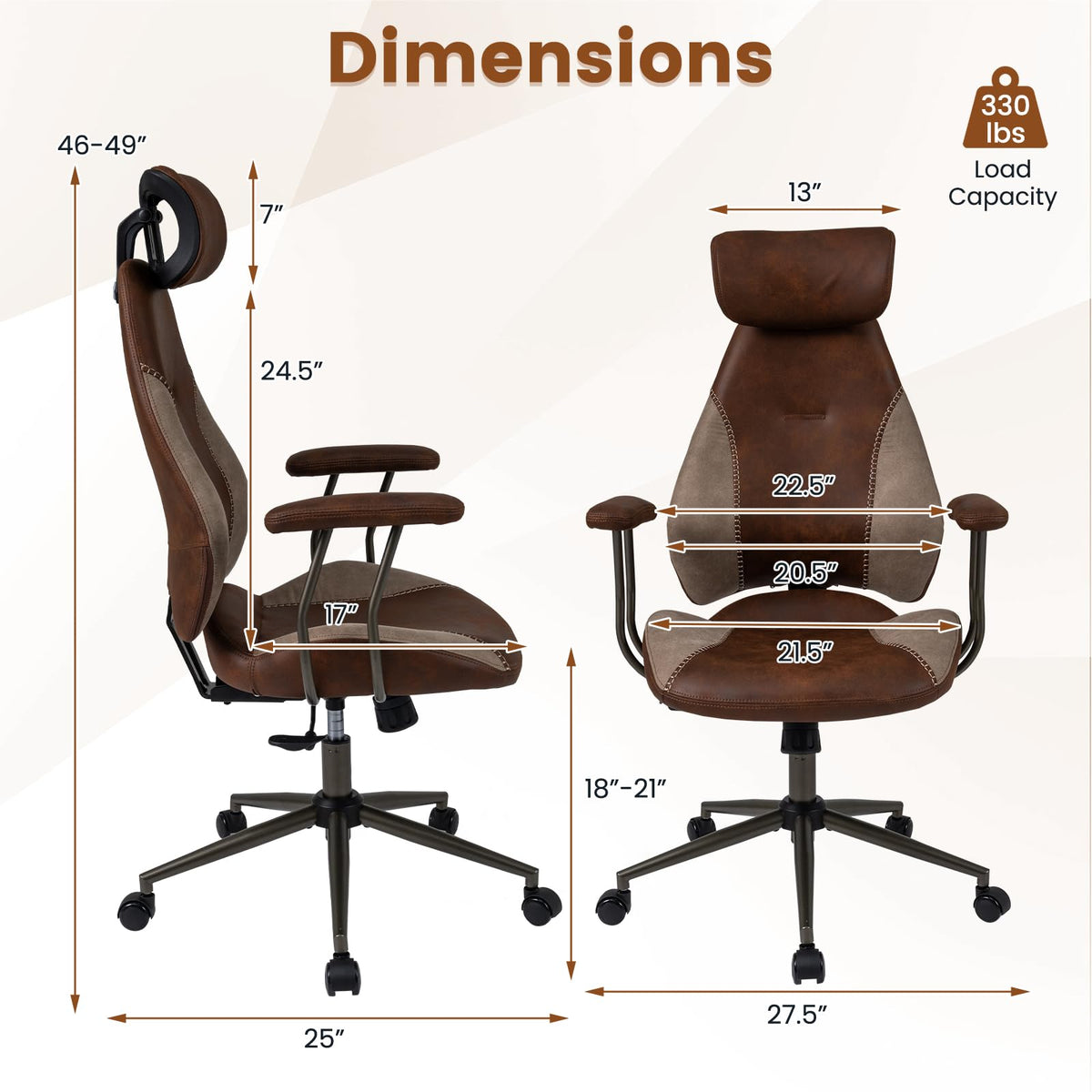 Brown Faux Fur Ergonomic Office Chair with Headrest and Wheels J665352