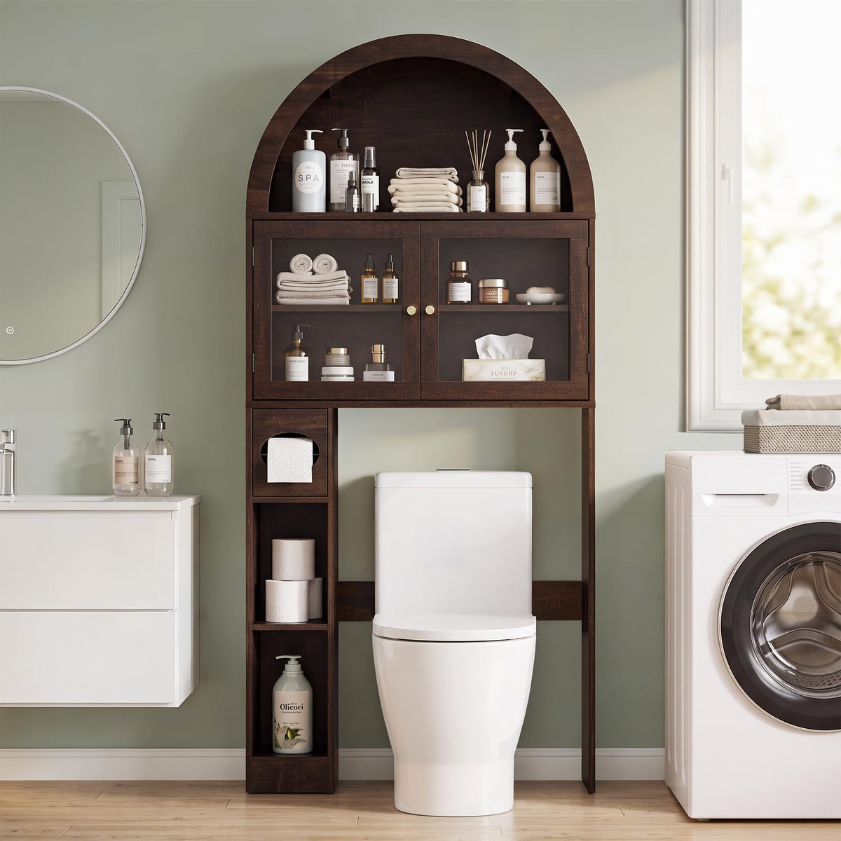 Over the Toilet Storage Cabinet with Arched Top, 68" Tall, Dark Walnut B7852