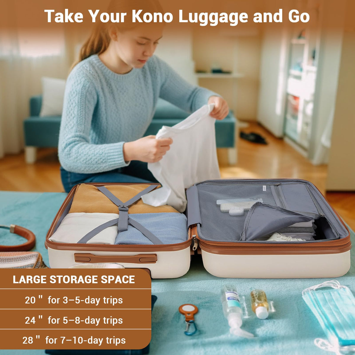 Expandable Carry On Luggage with Spinner Wheels, 20 Inch Hardshell Suitcase with Lock, White/Brown R830811