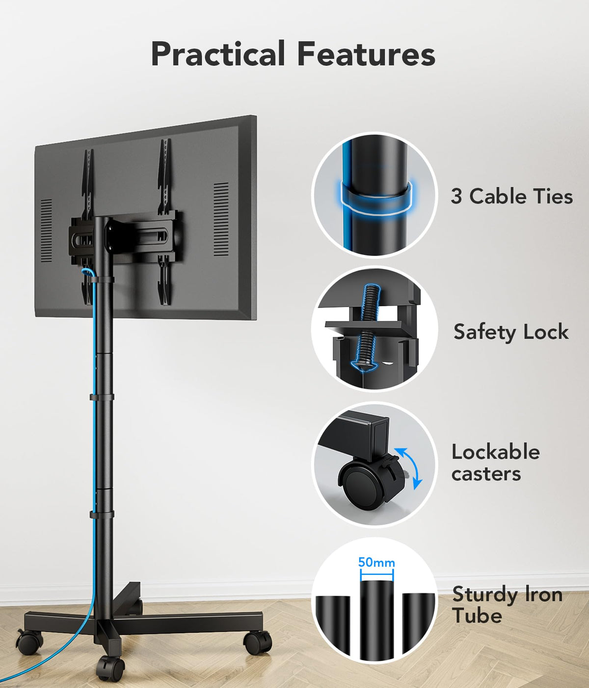 Mobile TV Cart Stand with Wheels, Height Adjustable, Holds up to 88 lbs I423