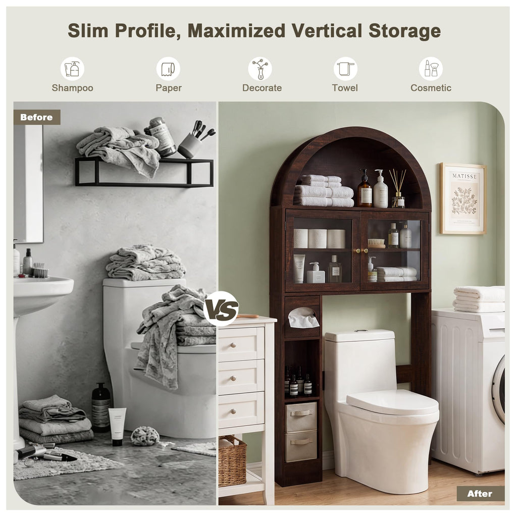 Over the Toilet Storage Cabinet with Arched Top, 68" Tall, Dark Walnut B7852