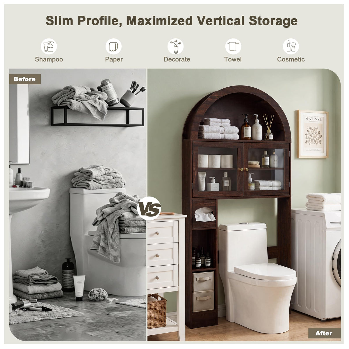 Over the Toilet Storage Cabinet with Arched Top, 68" Tall, Dark Walnut B7852