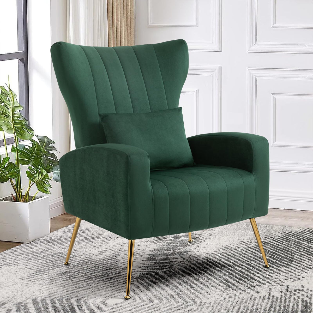 Green Velvet Accent Chairs Set of 2 with Lumbar Pillow N631077