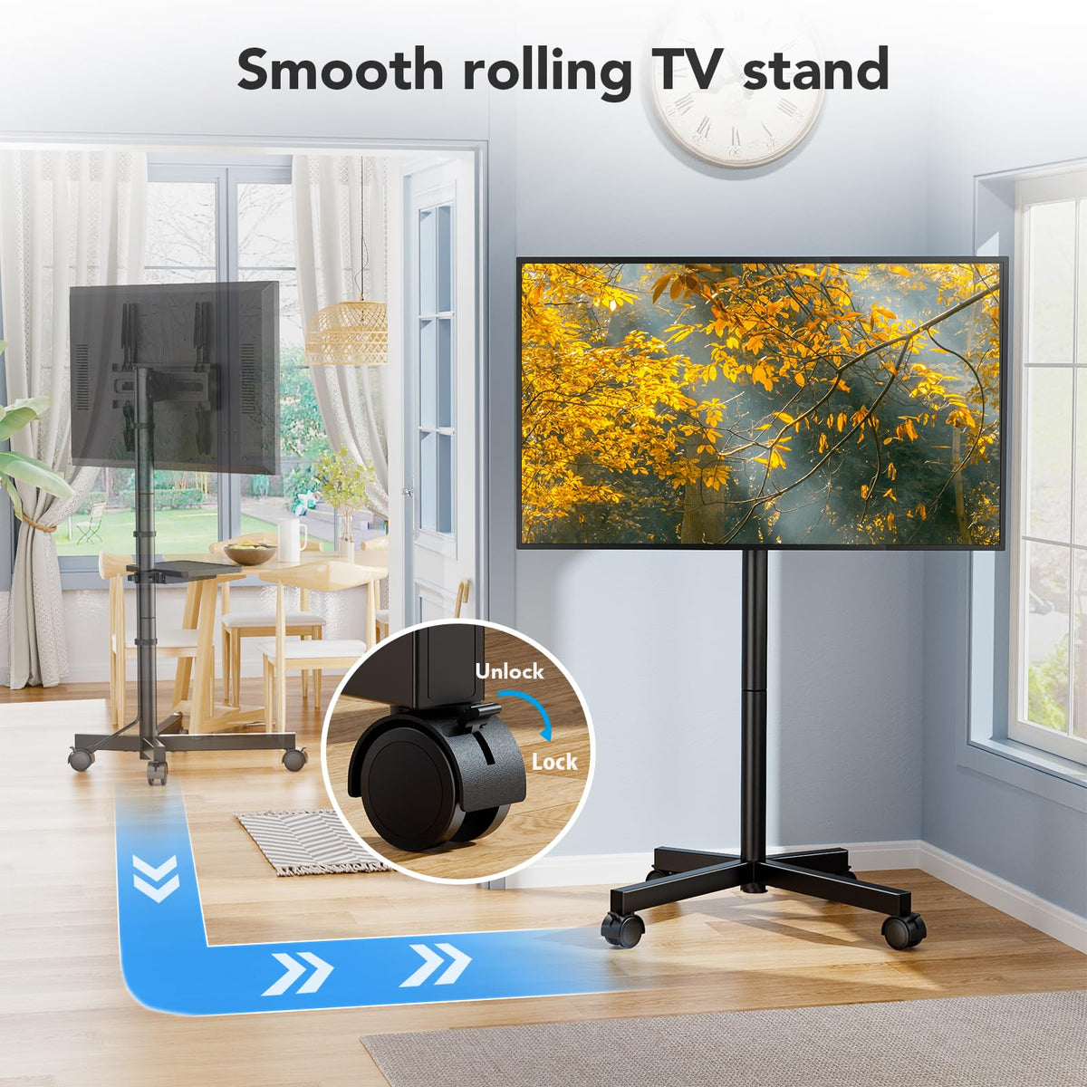 Mobile TV Cart Stand with Wheels, Height Adjustable, Holds up to 88 lbs I423