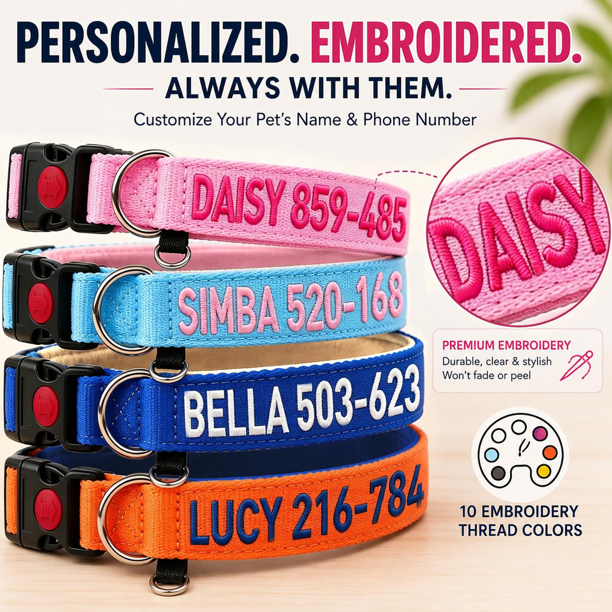 Custom Embroidered Dog Collar with Name and Number R907