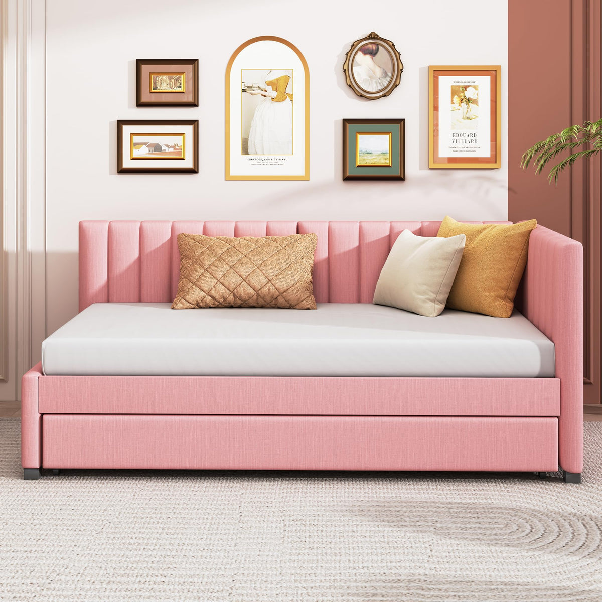 Twin Size Linen Upholstered Daybed with Trundle F530
