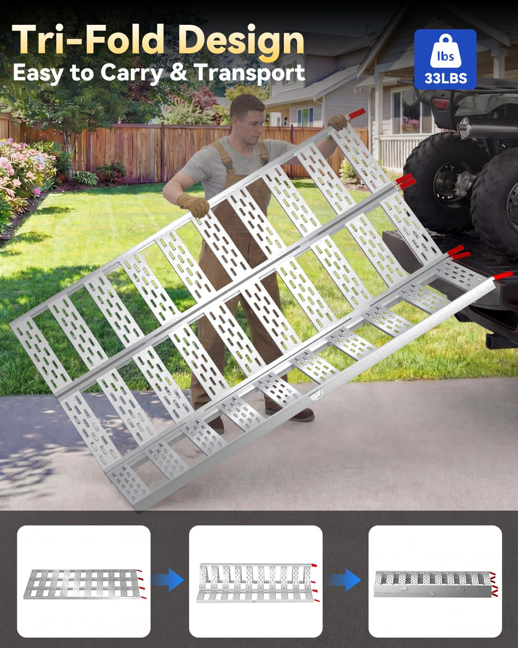 Tri-Fold Aluminum Loading Ramp, 1500 lbs Capacity, 76''L × 50''W X9180