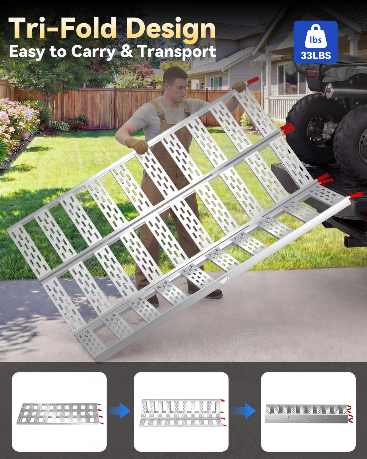 Tri-Fold Aluminum Loading Ramp, 1500 lbs Capacity, 76''L × 50''W X9180