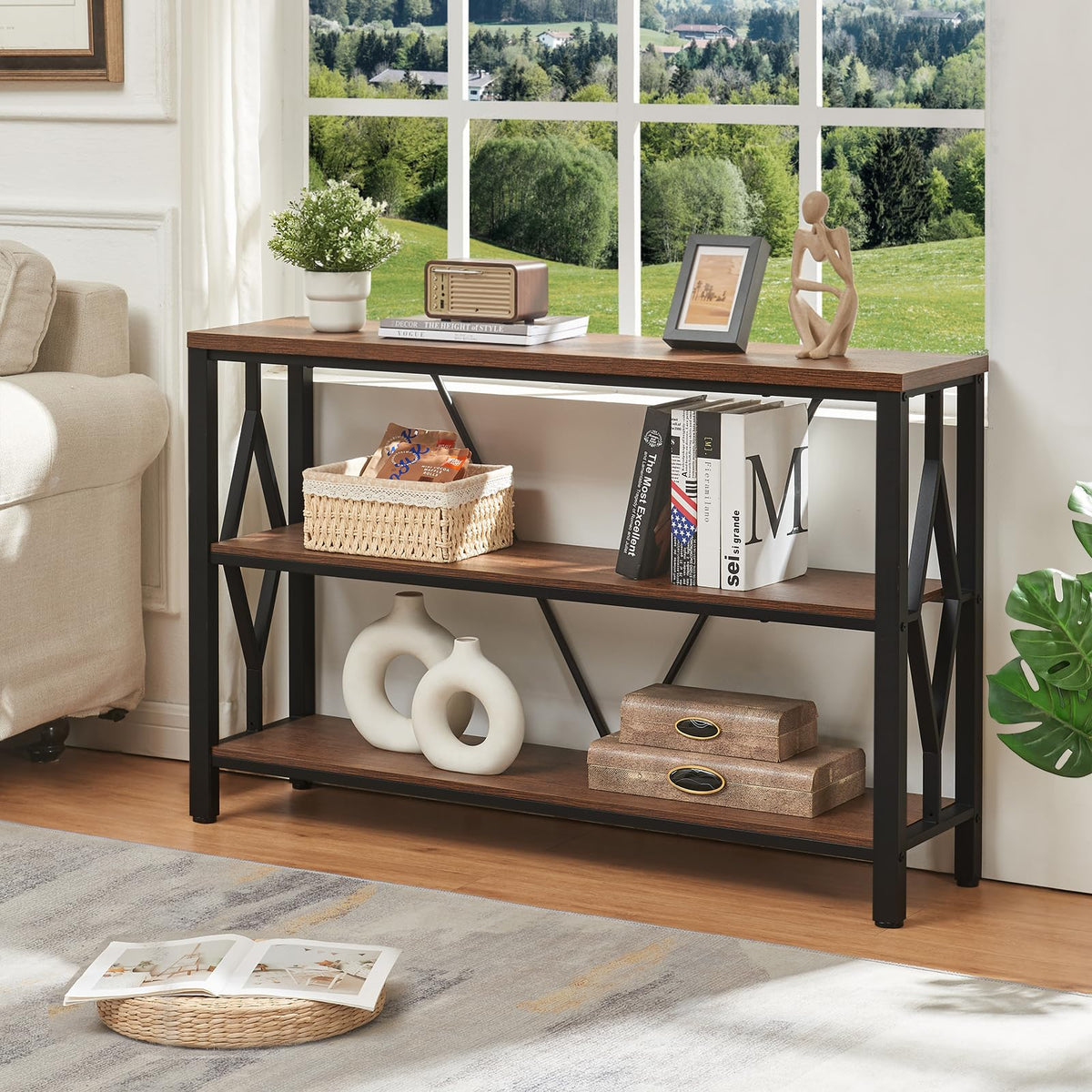 Brown 47 Inch Sofa Console Table with 3 Tier Bookshelf N318