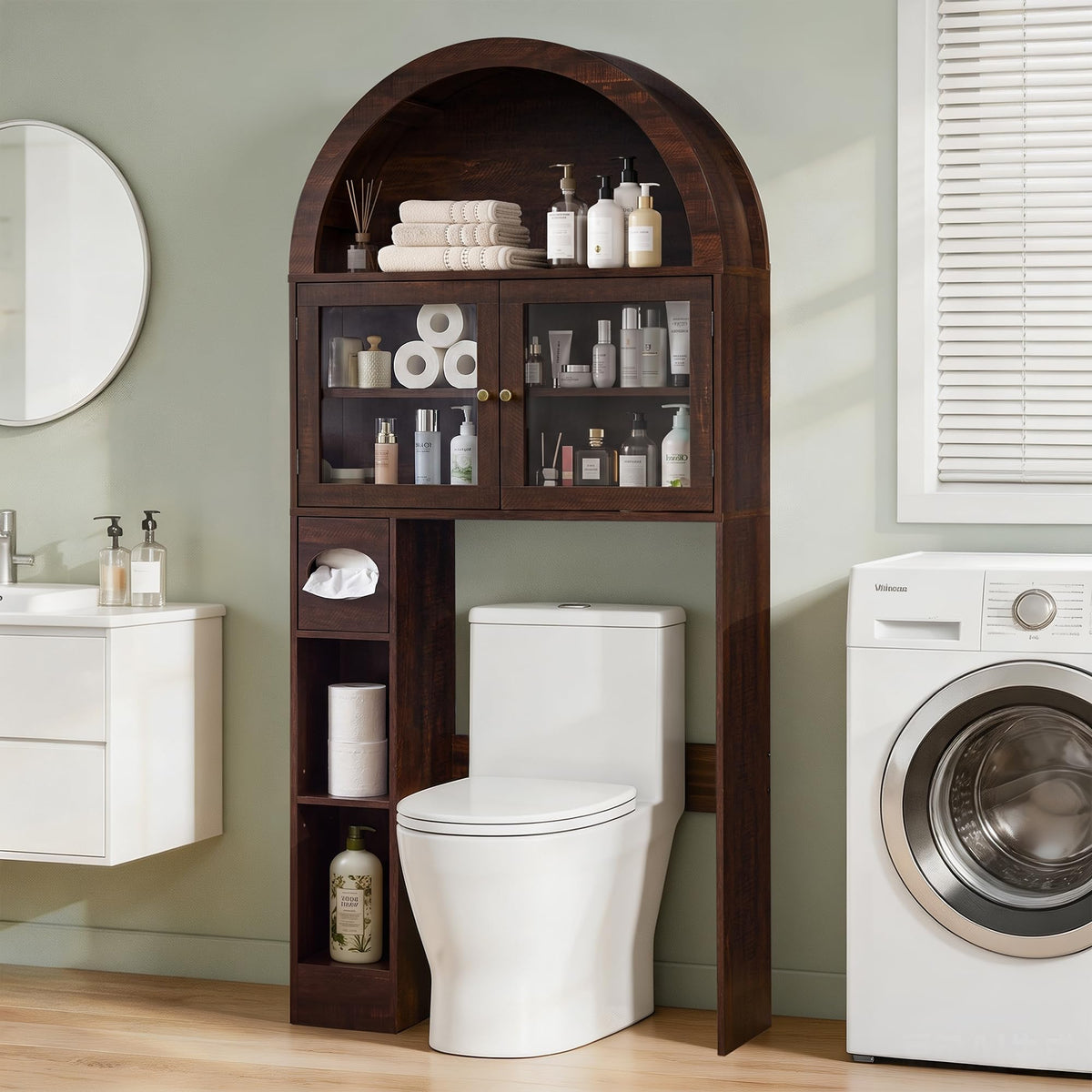 Over the Toilet Storage Cabinet with Arched Top, 68" Tall, Dark Walnut B7852