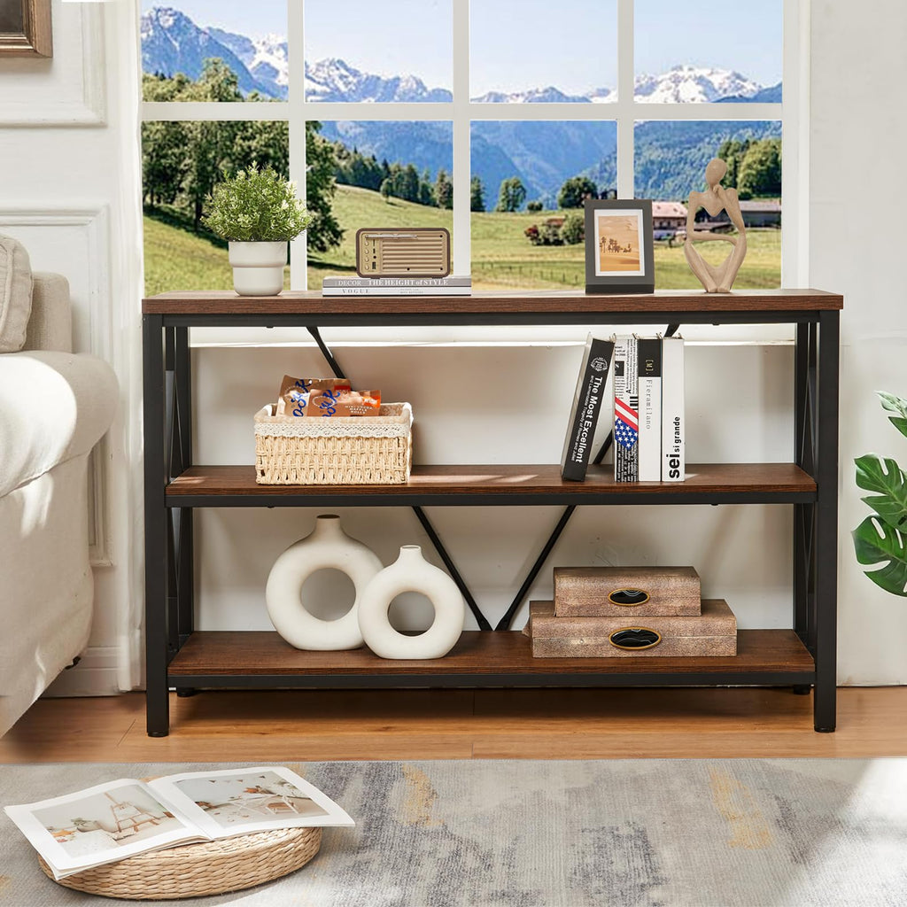 Brown 47 Inch Sofa Console Table with 3 Tier Bookshelf N318