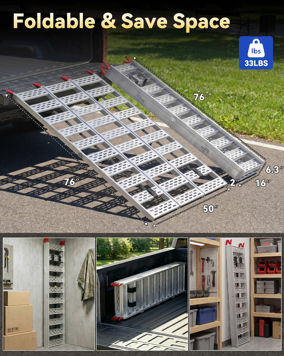 Tri-Fold Aluminum Loading Ramp, 1500 lbs Capacity, 76''L × 50''W X9180