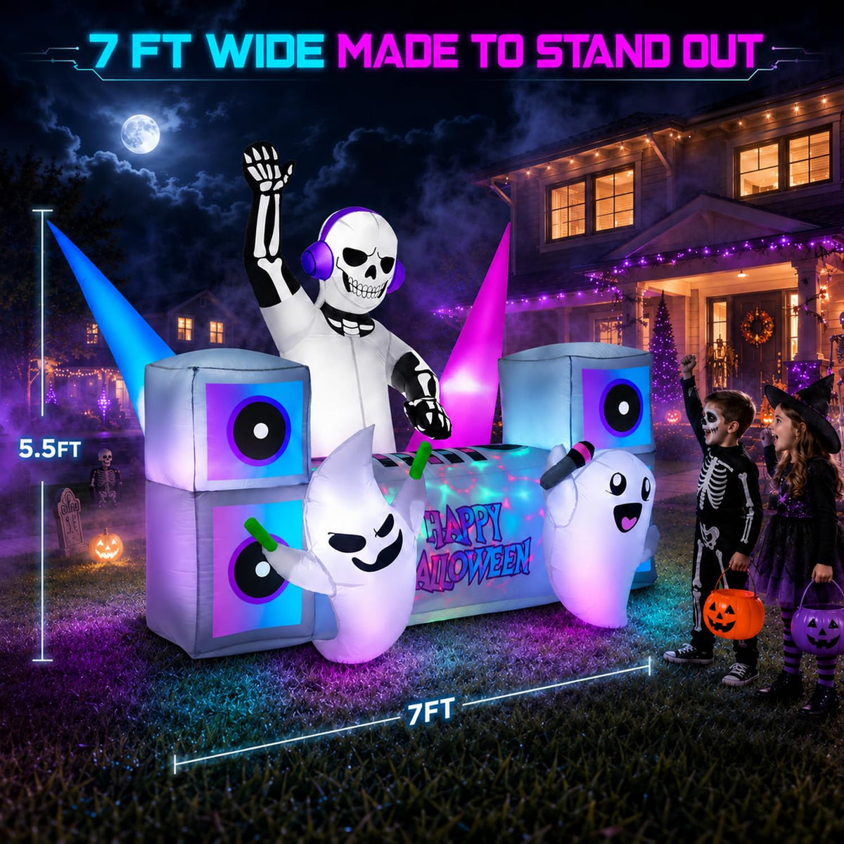 7FT Halloween Inflatable Skeleton DJ Ghosts with Multi-Color LEDs F3389