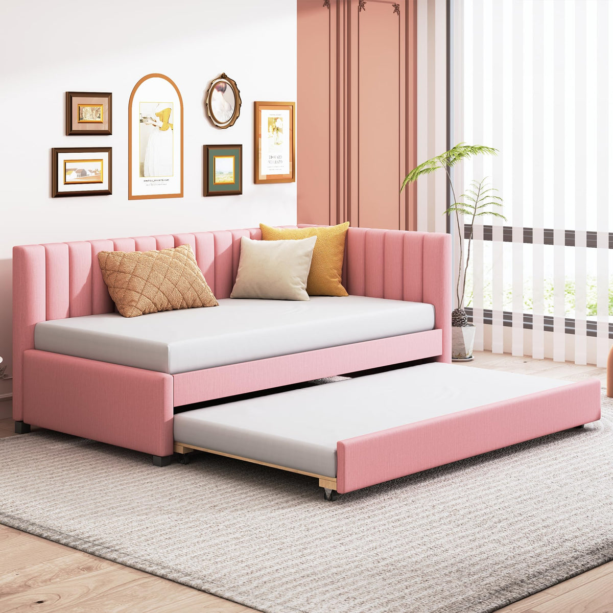 Twin Size Linen Upholstered Daybed with Trundle F530