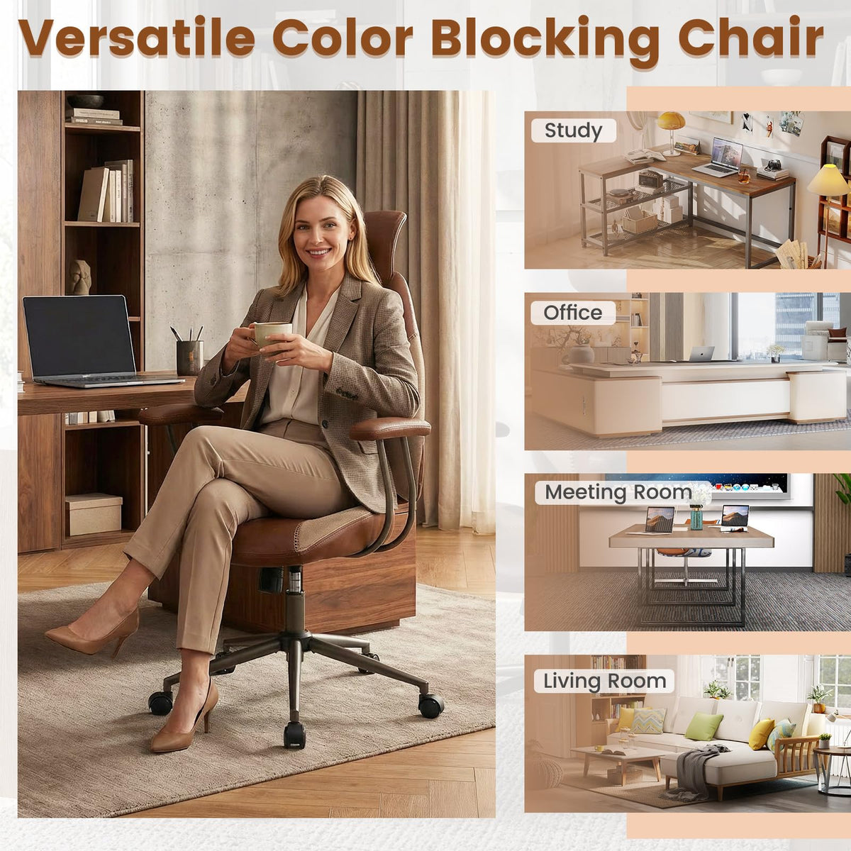 Brown Faux Fur Ergonomic Office Chair with Headrest and Wheels J665352