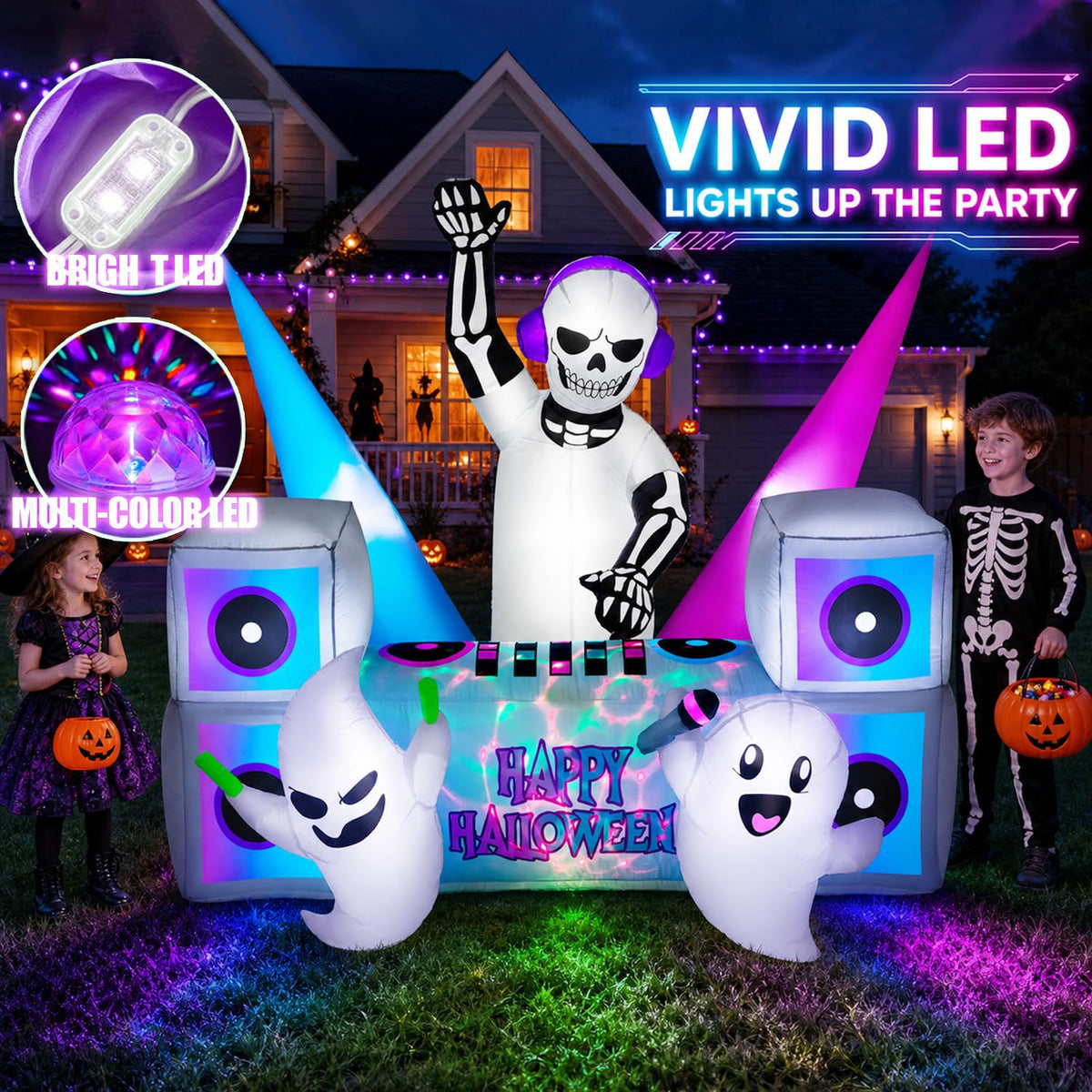 7FT Halloween Inflatable Skeleton DJ Ghosts with Multi-Color LEDs F3389