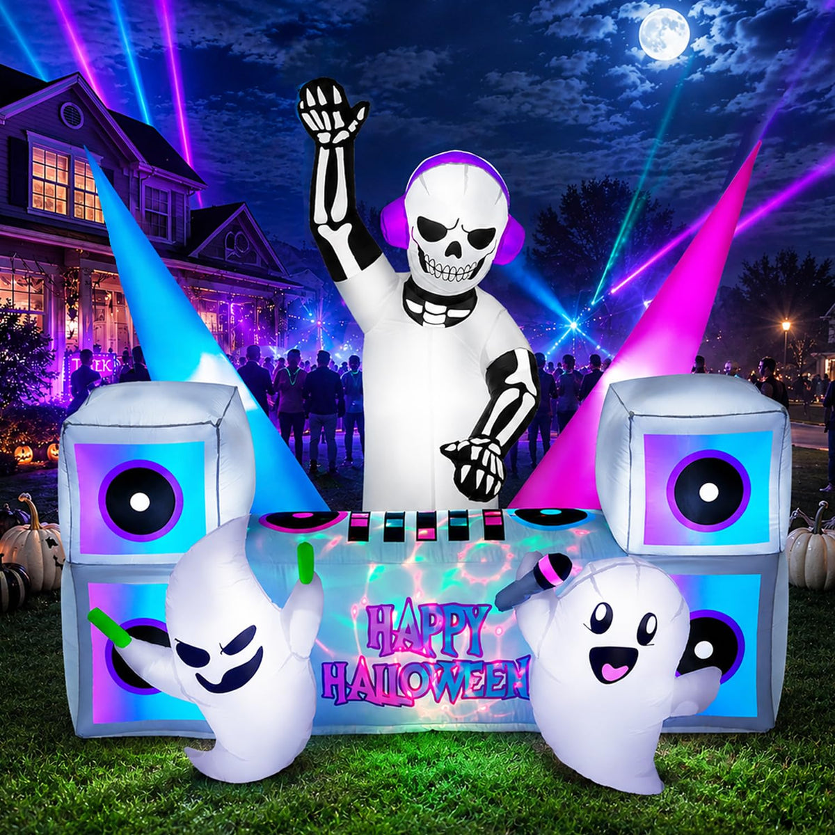 7FT Halloween Inflatable Skeleton DJ Ghosts with Multi-Color LEDs F3389