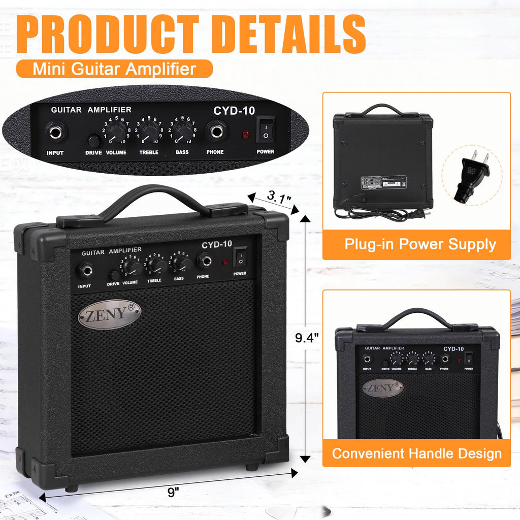 39in Full Size Electric Guitar with 10W Amp, Case and Accessories Pack, Black T236