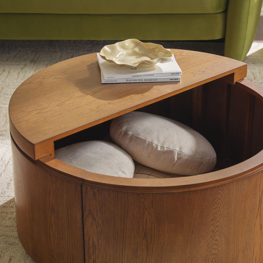Solid Oak Wood Veneer Coffee Table with Storage, 36 Inch, Medium Brown Oak Z446737