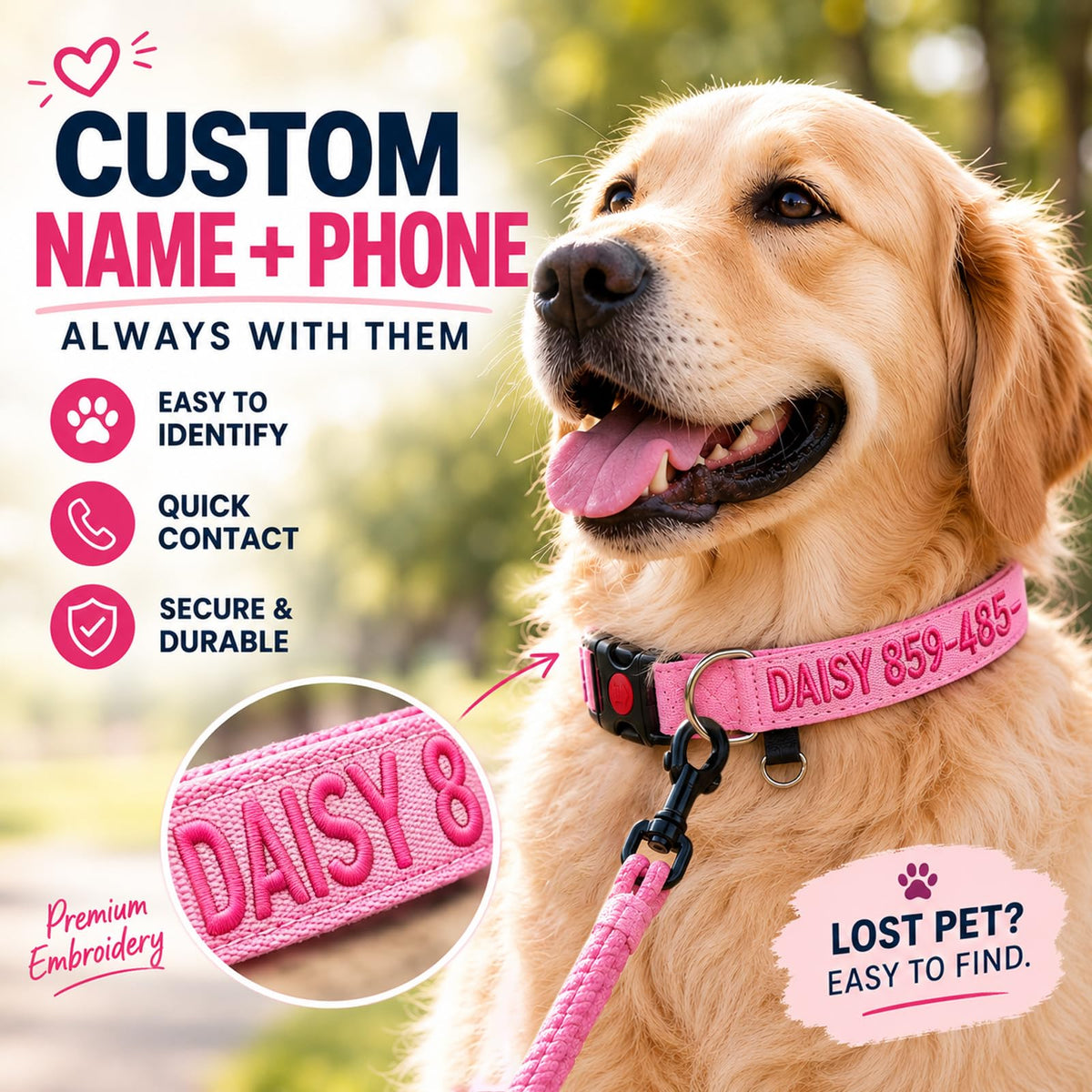 Custom Embroidered Dog Collar with Name and Number R907