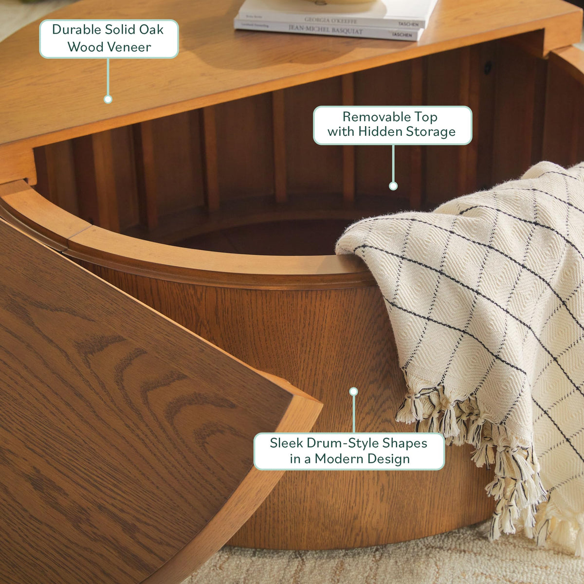Solid Oak Wood Veneer Coffee Table with Storage, 36 Inch, Medium Brown Oak Z446737