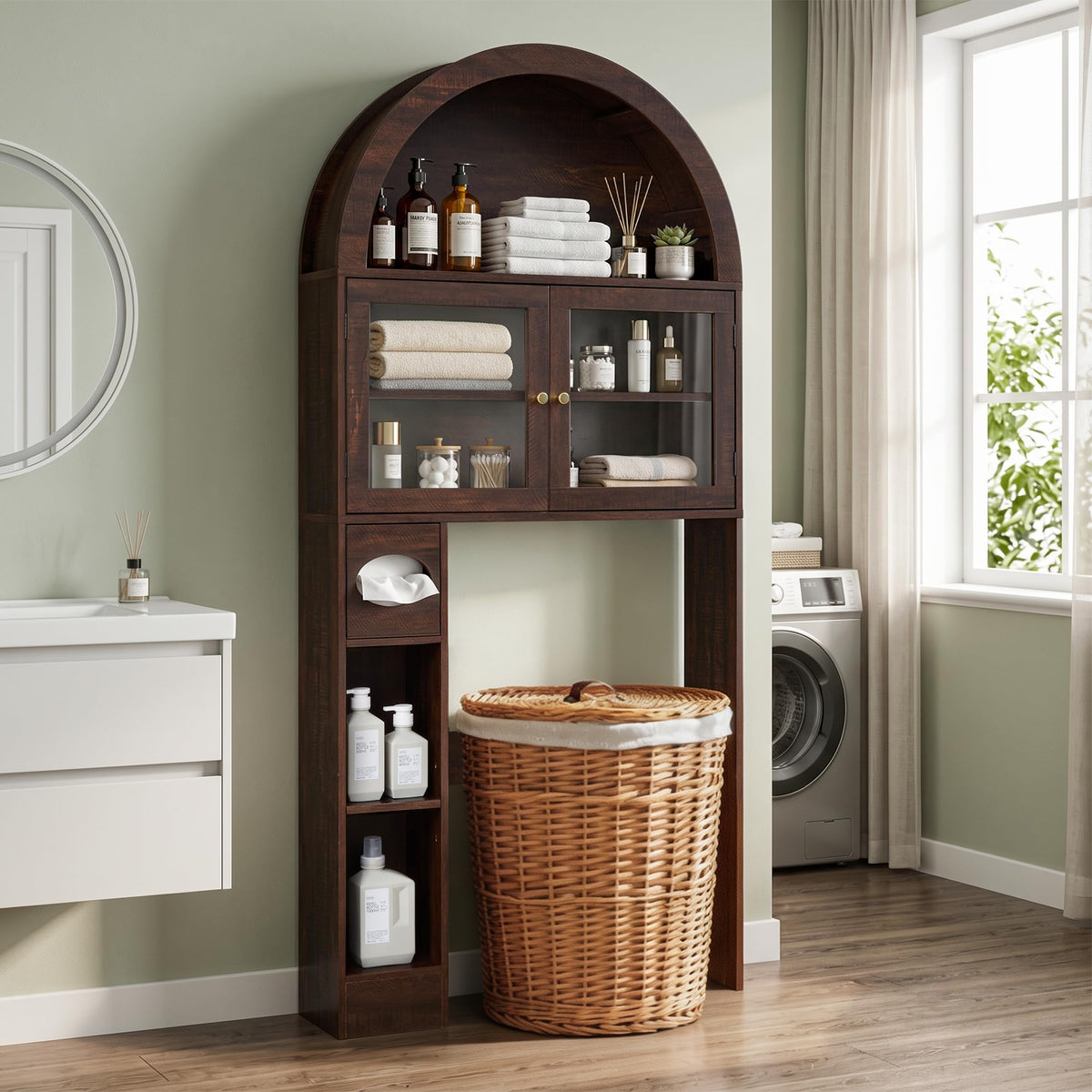 Over the Toilet Storage Cabinet with Arched Top, 68" Tall, Dark Walnut B7852