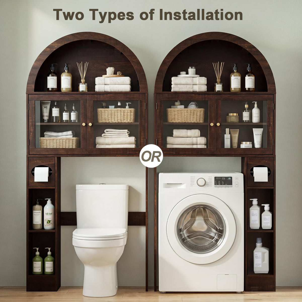Over the Toilet Storage Cabinet with Arched Top, 68" Tall, Dark Walnut B7852