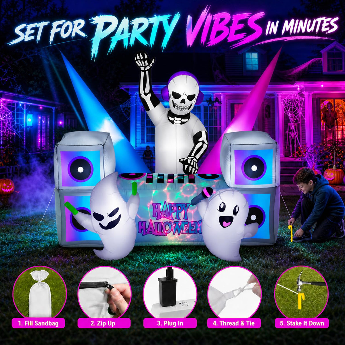 7FT Halloween Inflatable Skeleton DJ Ghosts with Multi-Color LEDs F3389