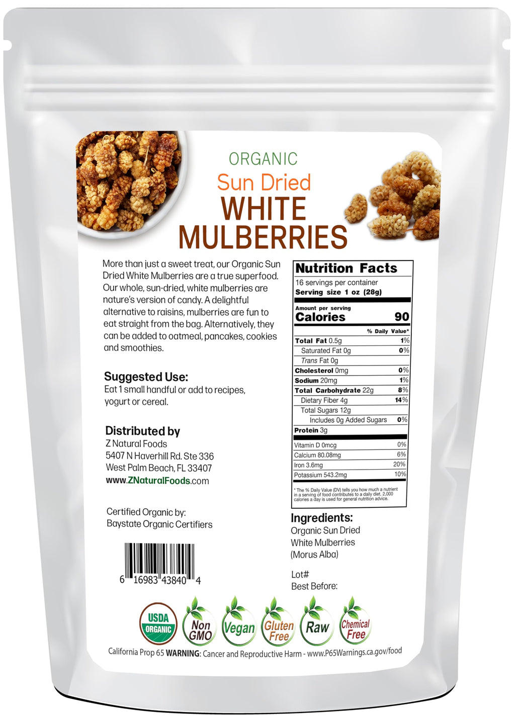 Organic White Mulberries Sun Dried 1 lb G4757