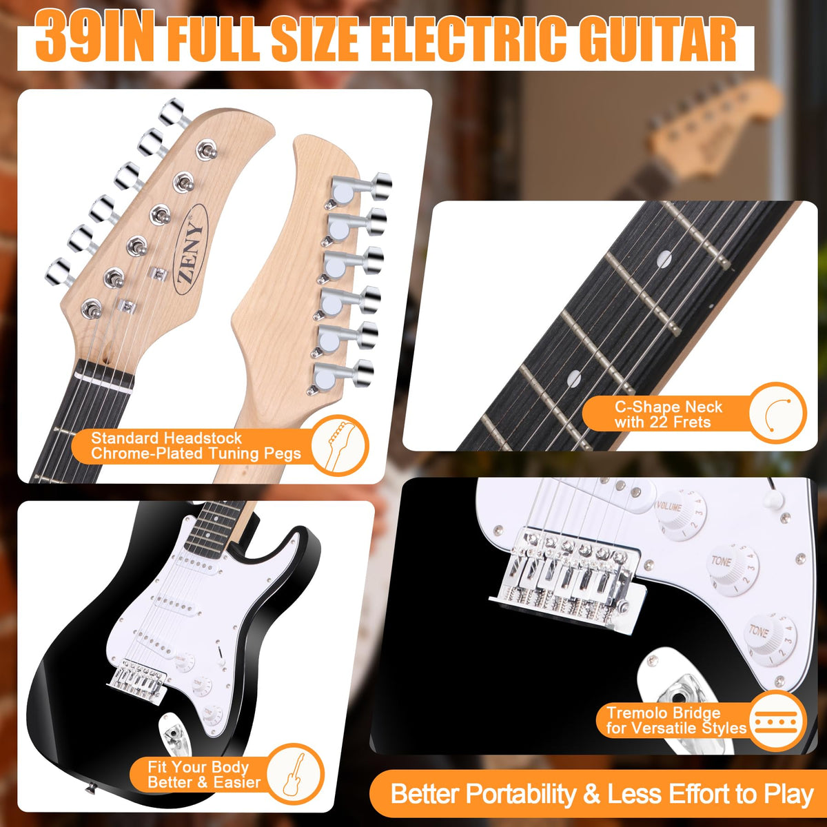 39in Full Size Electric Guitar with 10W Amp, Case and Accessories Pack, Black T236