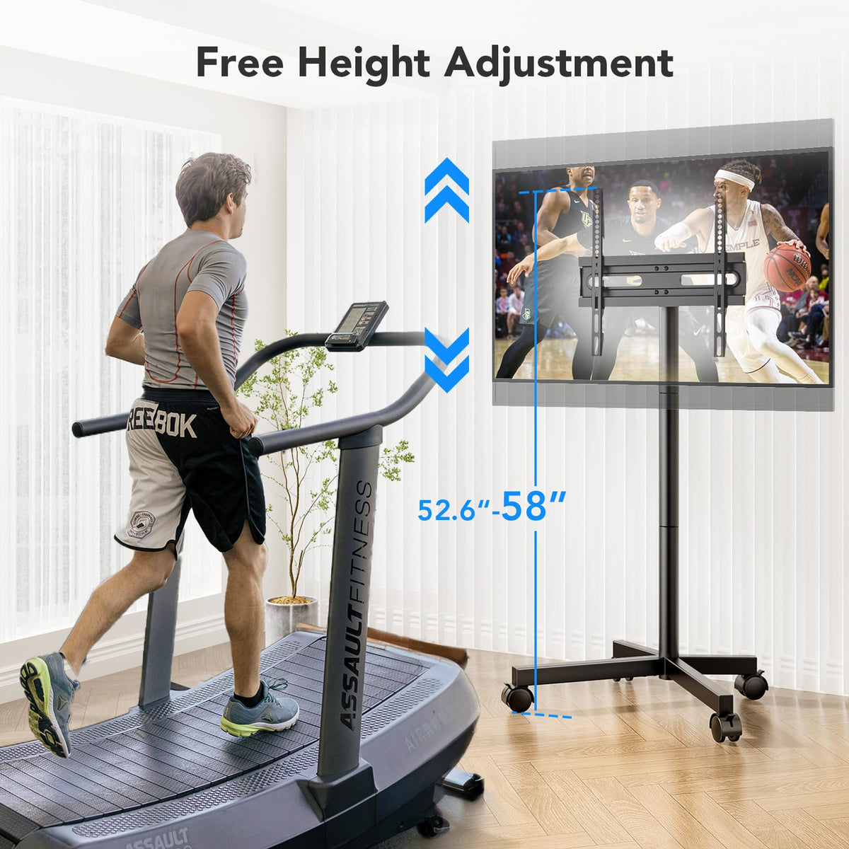 Mobile TV Cart Stand with Wheels, Height Adjustable, Holds up to 88 lbs I423