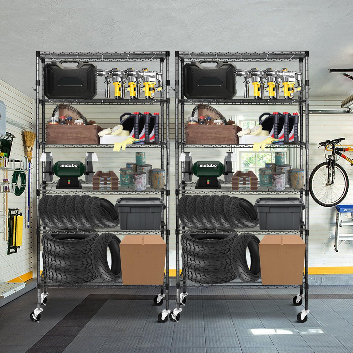 6 Tier Heavy Duty Adjustable Metal Wire Shelving Rack with Wheels, Black K248146