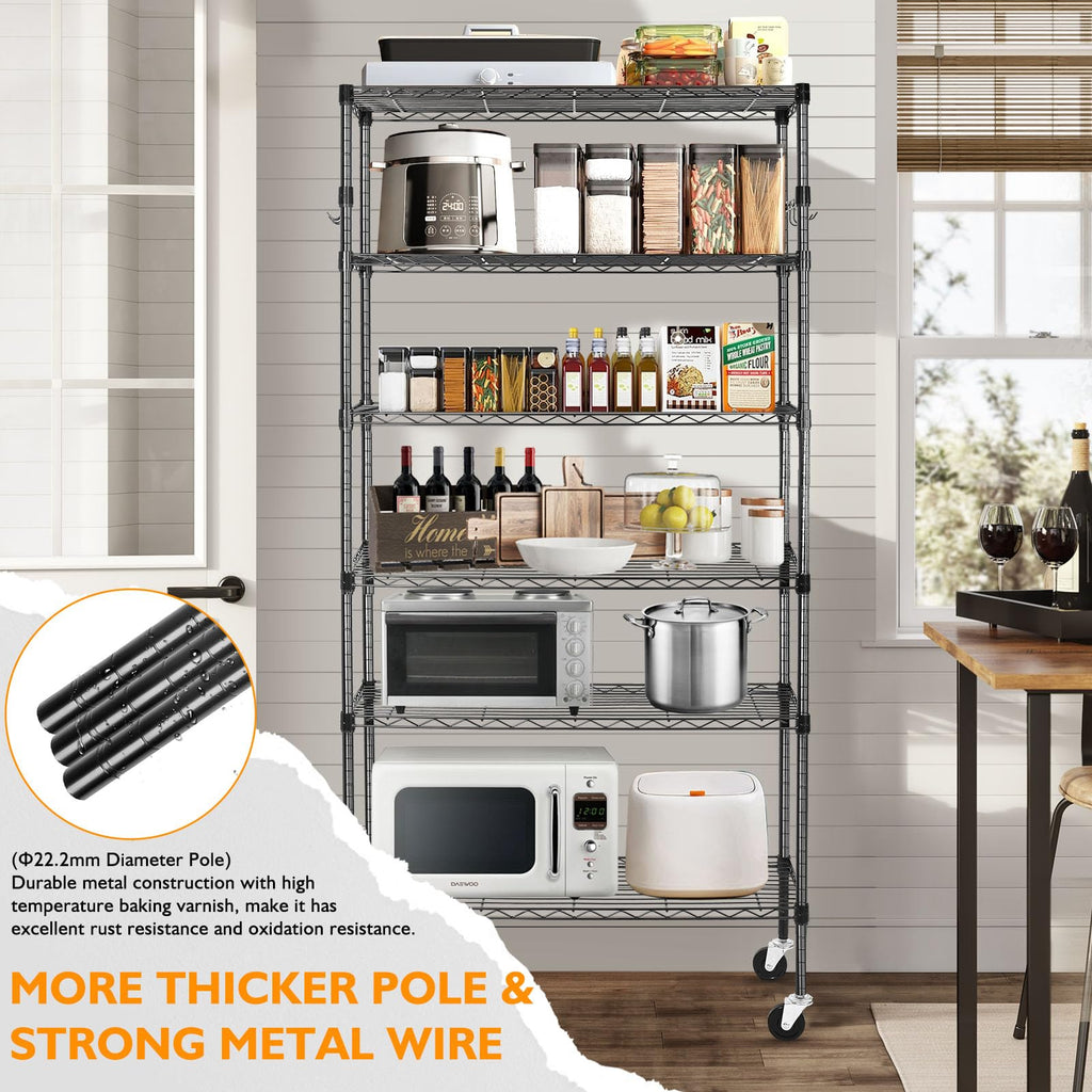 6 Tier Heavy Duty Adjustable Metal Wire Shelving Rack with Wheels, Black K248146